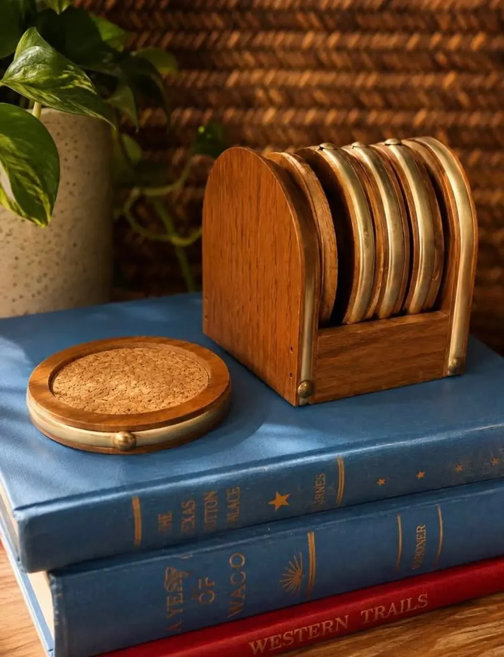 Vintage Mid Century Wood & Brass Coaster Set with Holder, Drink Coasters Set